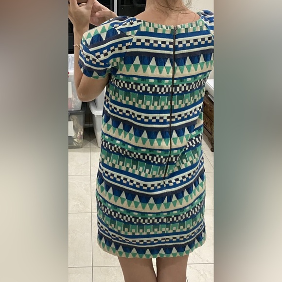 Gorman Women’s Shift Dress Blue Green Beige Aztec Short Puff Sleeve Size S 8 - Picture 2 of 12